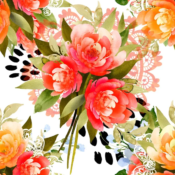 Naadloos aquarelpatroon. Bloemen van peons en appelbomen met een abstract patroon en kant. Aquarelillustratie, handgemaakt. Vintage — Stockfoto