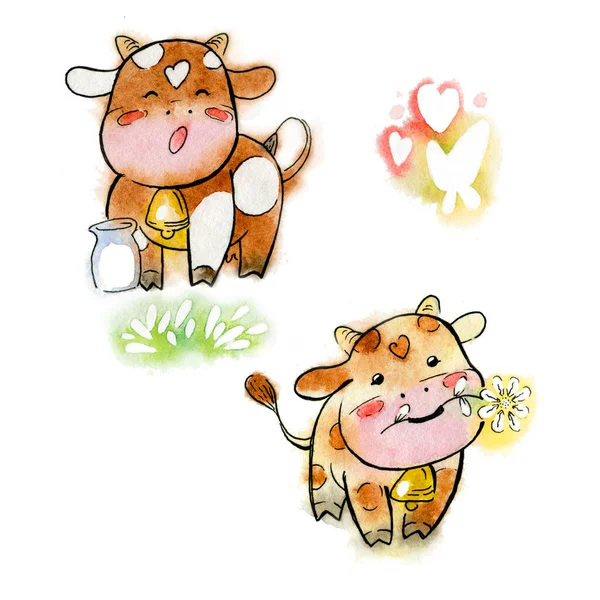 Conjunto de vacas aquarela vermelhas. Conjunto de desenhos animados de kawaii de vacas felizes com flor e leite. Aquarela artesanal — Fotografia de Stock