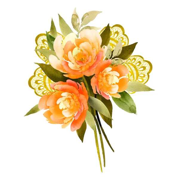 Delicado ramo de tres flores del mismo color. peones o rosas. Hermoso patrón calado. Ilustración en acuarela. Trabajos manuales — Foto de Stock