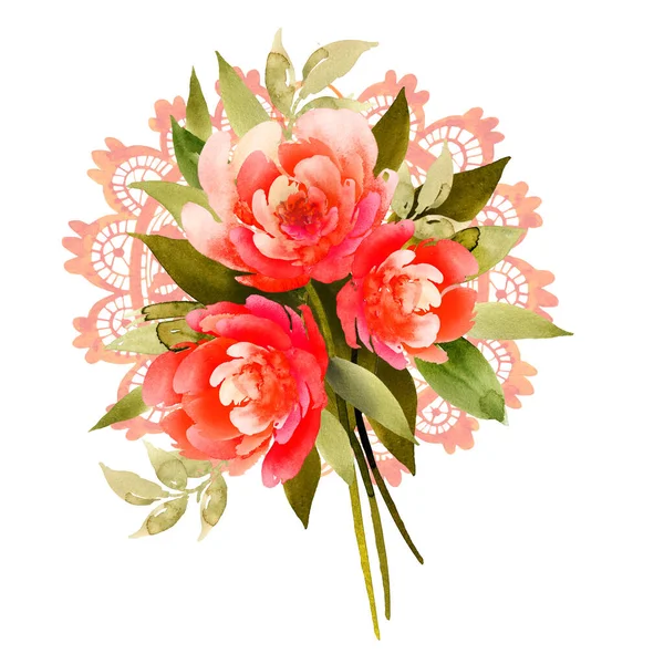 Delicate boeket van drie bloemen van dezelfde kleur. peons of rozen. Mooi opengewerkte patroon. Aquarelillustratie. Handwerk — Stockfoto