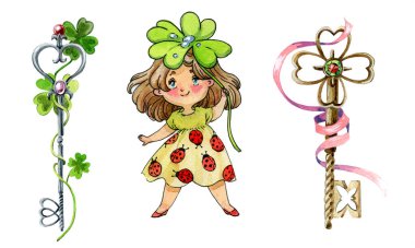 Set. Symbols of good luck. Four leaf clover. Keys of happiness and a little fairy. Watercolor illustration, handmade. clipart