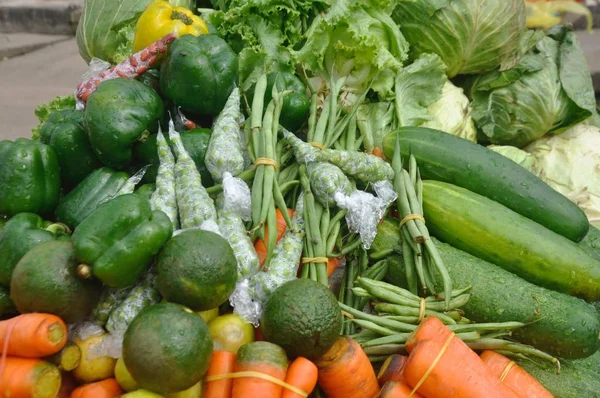 Beautiful Colorful Close Shot Vegetable Cucumber Cabbage Carrot Displayed Wheelbarrow — Stock Photo, Image