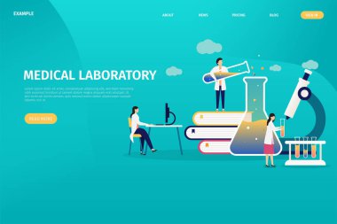 Tıbbi Laboratuar tasarım kavramları, bireysel sağlık testleri, kişisel analiz. Araştırma için medikal eczane servis ekipmanları. Mobil uygulamalar için insanlarla düz vektör illüstrasyon, şablonlar