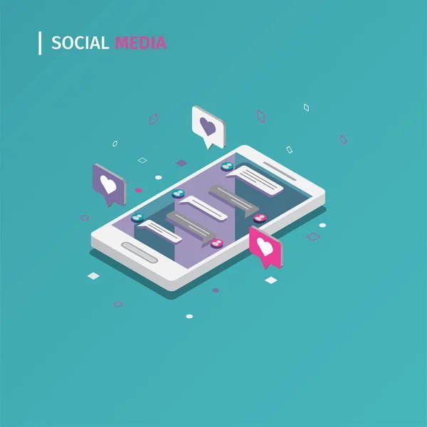 Concept Isometric Cellphones Social Media Chat — Stock Vector