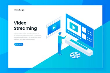 Minimalist tasarım izometrik video akışlı iniş sayfası şablonu. Web siteleri, iniş sayfaları, mobil uygulamalar, posterler ve afişler için resim