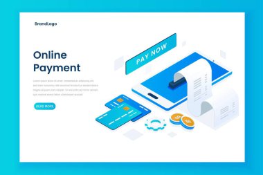 Isometric online ödeme illüstrasyon iniş sayfası. Web siteleri, iniş sayfaları, mobil uygulamalar, posterler ve afişler için resim