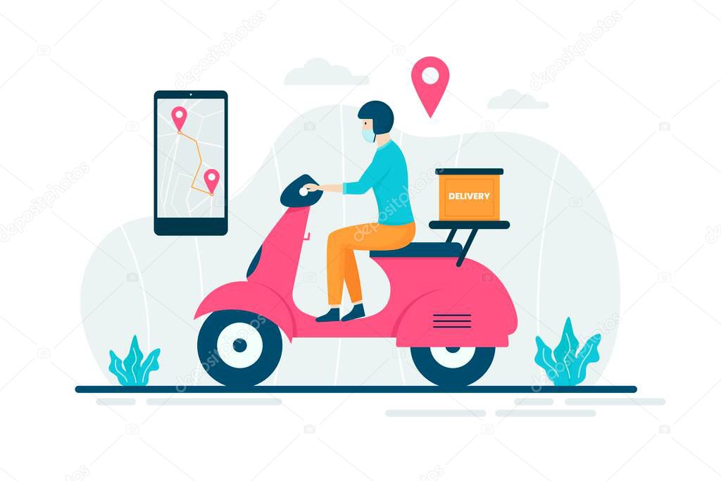 Food delivery illustration concept, men send food using motorcycles. Illustration for websites, landing pages, mobile applications, posters and banners