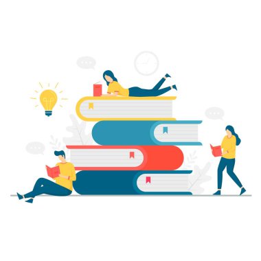 Kitap okuyan insanların bir tasviri. Web siteleri, iniş sayfaları, mobil uygulamalar, posterler ve afişler için resim