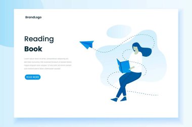 İniş sayfasında kitap okuyan bir kadın tasviri. Web siteleri, iniş sayfaları, mobil uygulamalar, posterler ve afişler için resim