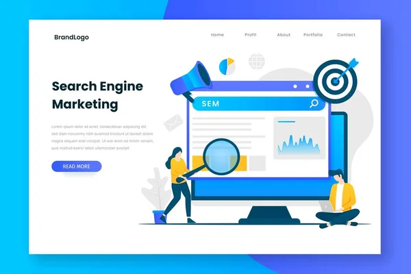 Arama motoru pazarlama illüstrasyon web sayfası. Web siteleri, iniş sayfaları, mobil uygulamalar, posterler ve afişler için resim.