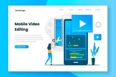 Mobil video düzenleme iniş sayfası şablonu. Web siteleri, iniş sayfaları, mobil uygulamalar, posterler ve afişler için resim.