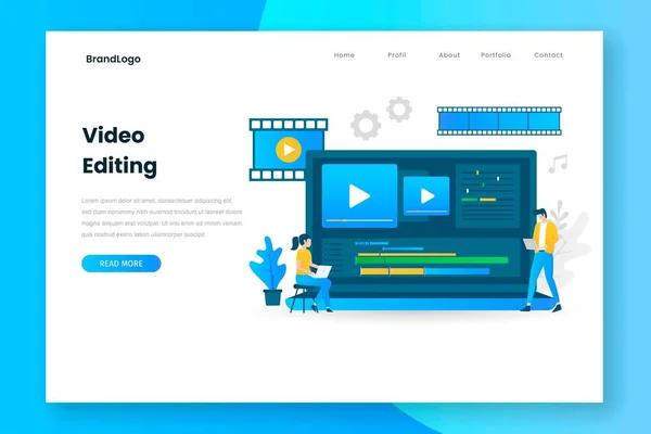 Edición Vídeo Ilustración Landing Page Con Laptop Ilustración Para Sitios — Archivo Imágenes Vectoriales