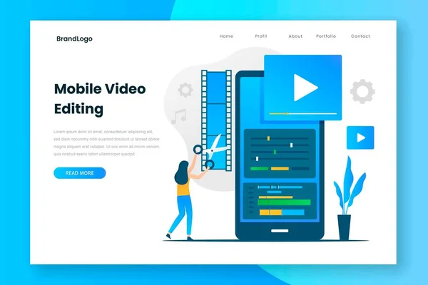 Modelo Página Destino Edição Vídeo Móvel Ilustração Para Sites Landing —  Vetores de Stock
