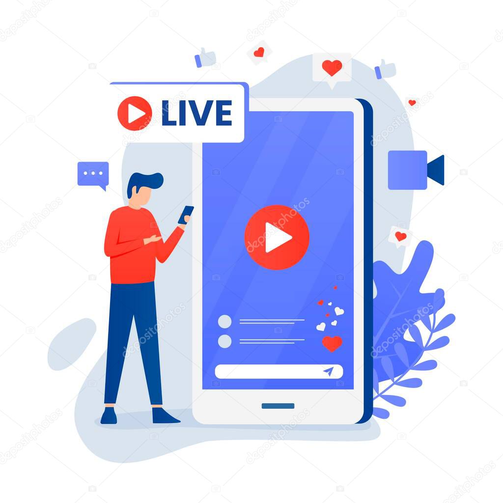Social media live streaming illustration concept with character. Illustration for websites, landing pages, mobile applications, posters and banners.