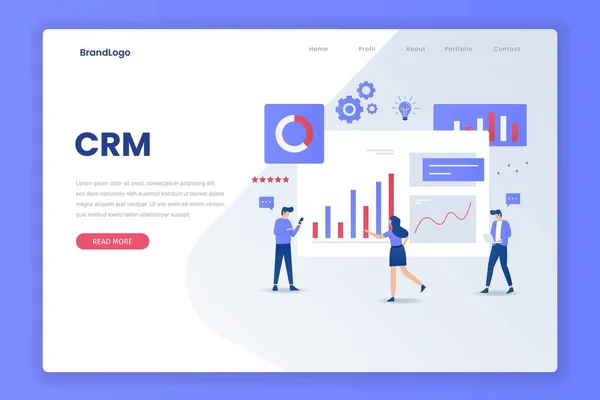 Crm Oplossing Illustratie Landing Page Illustratie Voor Websites Landingspagina Mobiele — Stockvector