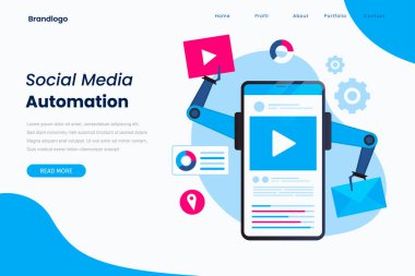 Sosyal medya otomasyon illüstrasyon kavramı. Web siteleri, iniş sayfaları, mobil uygulamalar, posterler ve afişler için resim.