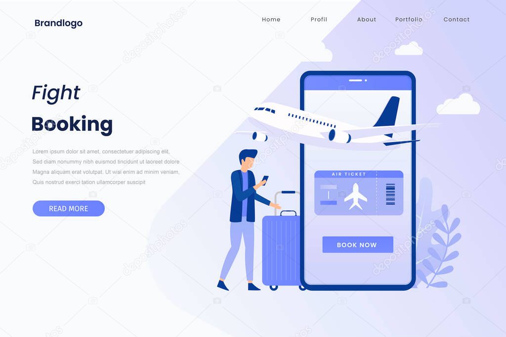 Flight tickets online booking illustration landing page. Illustration for websites, landing pages, mobile applications, posters and banners.