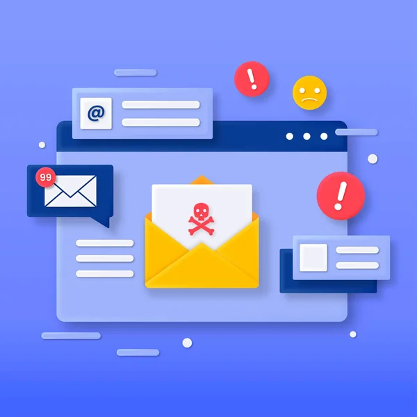 Kötü niyetli bir e-posta konseptinin 3 boyutlu çizimi. Web siteleri, iniş sayfaları, mobil uygulamalar, posterler ve afişler için çizimler.