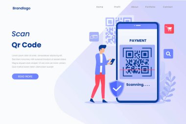 QR kod doğrulama illüstrasyon iniş sayfası. Bu tasarım web siteleri, iniş sayfaları, UI, mobil uygulamalar, posterler, afişler için kullanılabilir