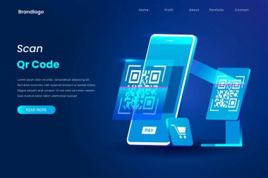 QR kod ödeme illüstrasyon iniş sayfası. Bu tasarım web siteleri, iniş sayfaları, UI, mobil uygulamalar, posterler, afişler için kullanılabilir