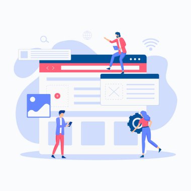 Web sitesi kurma illüstrasyon konsepti. Web siteleri, iniş sayfaları, mobil uygulamalar, posterler ve afişler için resim.