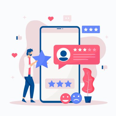 Çevrimiçi geribildirim illüstrasyonu. Çevrimiçi müşteri görüşü, değerlendirme ve değerlendirme konsepti. Web siteleri, iniş sayfaları, mobil uygulamalar, posterler ve afişler için çizimler.