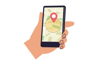 Coğrafya ve Konum tabanlı Teknoloji İllüstrasyonu. Sanal Sınır, Konum İzleme ve Servisle Haritayı Gösteren Bir Akıllı Telefonun El Tutuşu. Vektör Düz Çizim
