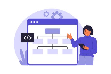 Web sitesi Sitemap ve SEO Yapı İllüstrasyonu. Sitemleri Profesyonel Planlama ve Web sitesinde gezinme ve arama motorlarını geliştirmek için mimarlık. Vektör Düz Çizim