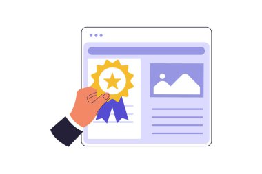 Sayfa Otoritesi ve SEO Başarı İllüstrasyonu. Özel bir Web Sayfasının Kalitesini ve Alakasını Vurgulayan Bir El Tutma Altın Ödülü. Vektör Düz Çizim