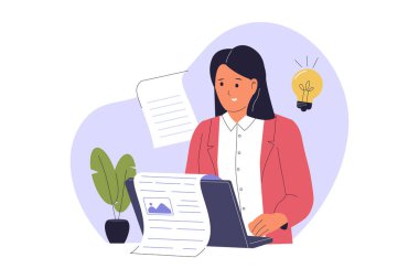 Metin yazarı ve Yaratıcı İçerik Yaratıcısı. Sayısal Pazarlama İçin İçerik Stratejisinin Önem Verdiğini vurgulayan Profesyonel Bir Kadın Yazan Metin. Düz Vektör İllüstrasyonu