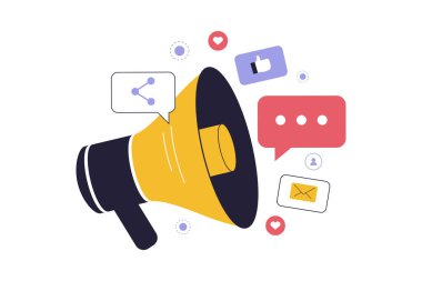 Pazarlama İletişim ve Dijital Reklamcılık. Çeşitli İletişim Simgeleriyle çevrili bir Megafon, Seyirciye Ulaşmak için Hedef Stratejiyi sembolize ediyor. Düz Vektör İllüstrasyonu