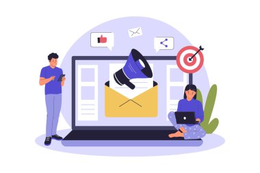 E-posta Pazarlama Stratejisi ve Takım İşbirliği. Dijital Pazarlama Kampanyası, Takım Çalışması ve Stratejisi İçin Birlikte Çalışan Profesyoneller. Düz Vektör İllüstrasyonu