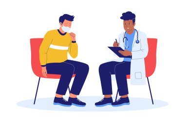 Doktor ve Hasta Danışmanlığı 'nın İllüstrasyonu. Sağlık Hizmetleri Görüşmesi İçin Tıp Bürosunda Bir Kişiyle Konuşan Doktor