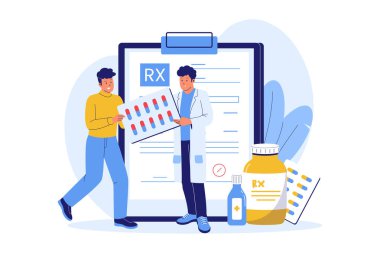 Reçeteli ilaç illüstrasyonu. Doktor Reçete Formu ve İlaç Şişesi ile İlaç Reçetesi Yazıyor