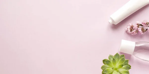 bakım ürünleri losyonu, bitki, krem. Pembe arka planda banyo aksesuarları, üst manzara, telif alanı, afiş. Ev konseptinde vücut bakımı güzellik tedavileri, organik ürünler, sabah rutini.