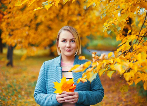 Piękna Blondynka Jesiennym Parku Liśćmi Klonu Rękach Kobiecy Portret Jesienny — Zdjęcie stockowe