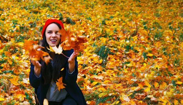 Happy Laughing Brunette Caucasian Woman Throwing Maple Leaves Air Outdoor — Stock Photo, Image
