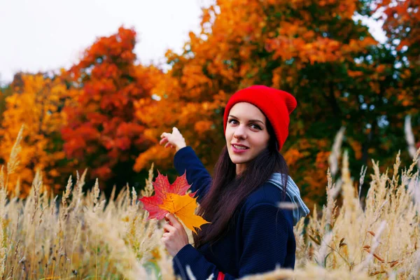 Uśmiechnięta Kobieta Czerwonym Kapeluszu Wskazująca Kolorowy Jesienny Las Nią Koncepcja — Zdjęcie stockowe