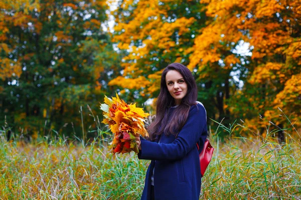 秋天公园里 一个有着长长的黑发的快乐女人用枫叶做了一个花环 秋天的概念 — 图库照片