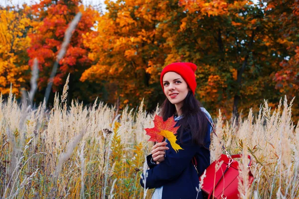 Kobieta Długimi Włosami Atrakcyjnym Uśmiechem Stojąca Jesiennym Polu Kolorowym Lasem — Zdjęcie stockowe