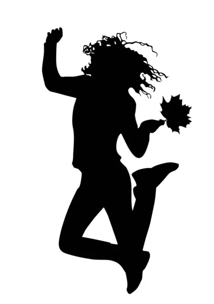 Schwarze Silhouette eines jungen fröhlichen Mädchens auf schwarzem Hintergrund — Stockvektor