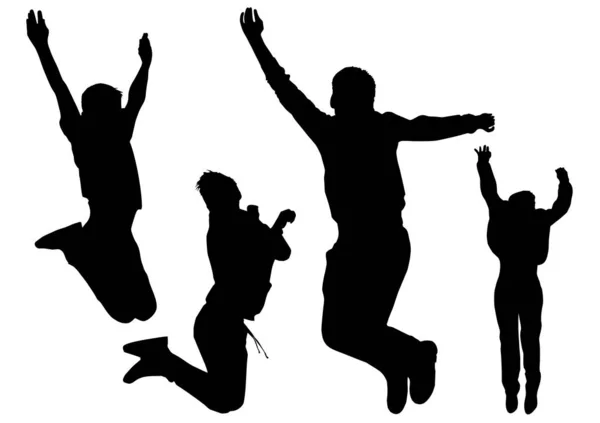 Siluetas de chicos jóvenes felices que saltan en altura y libertad — Vector de stock