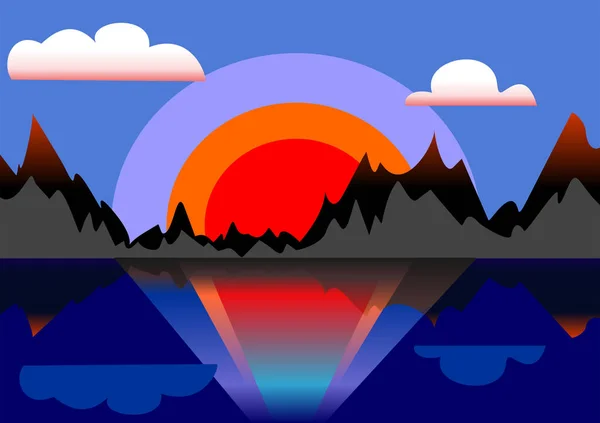 Hermoso atardecer colorido con montañas y reflejo de la — Vector de stock