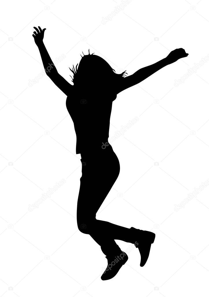 Black silhouette  of a young joyful girl on a white background w