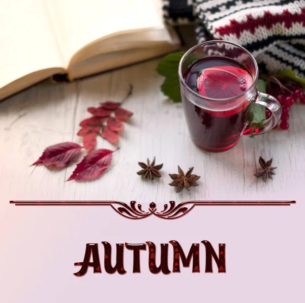 Cozy autumn photo with a hot mug of red tea with lemon, a  book,