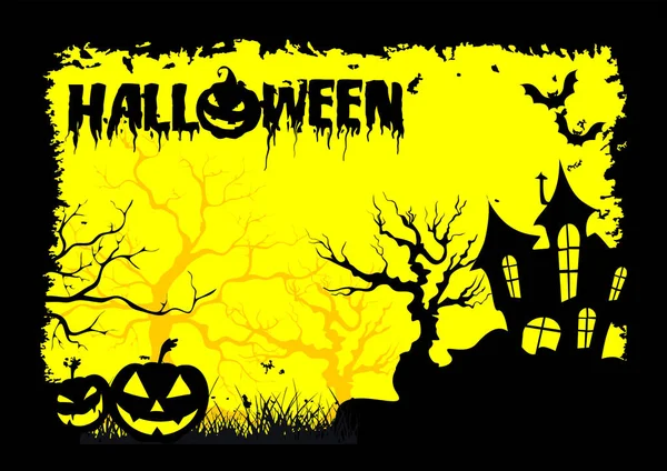 Ilustración amarilla para Halloween con calabazas, casa y murciélago — Archivo Imágenes Vectoriales