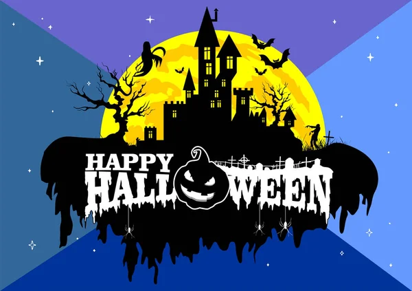 Assinatura feliz Halloween no fundo azul com grande lua, sta — Vetor de Stock