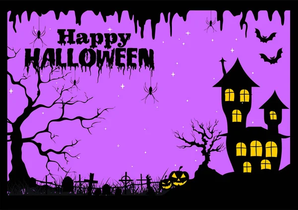 Illustrazione per Halloween viola con un castello cupo, ragno — Vettoriale Stock