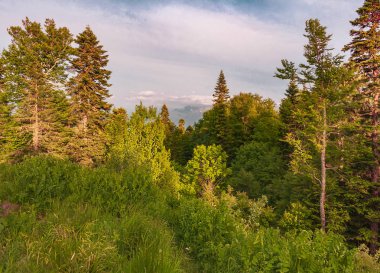 Güneşin yumuşak akşam ışığı, gölgeler ve ışıklar oluşturur ve çok güzel boya dağ manzara ve unutulmaz ve turist ve gezginler için çekici Kuzey Kafkasya 'da dolaşan yapar