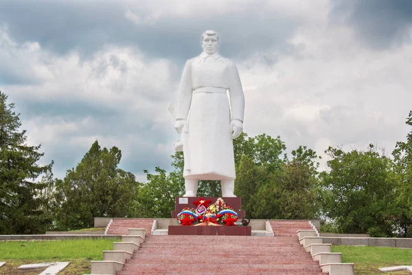 Complejo Conmemorativo Sopka Geroyev Monumento Una Figura Completa Guerrero Tumba — Foto de Stock